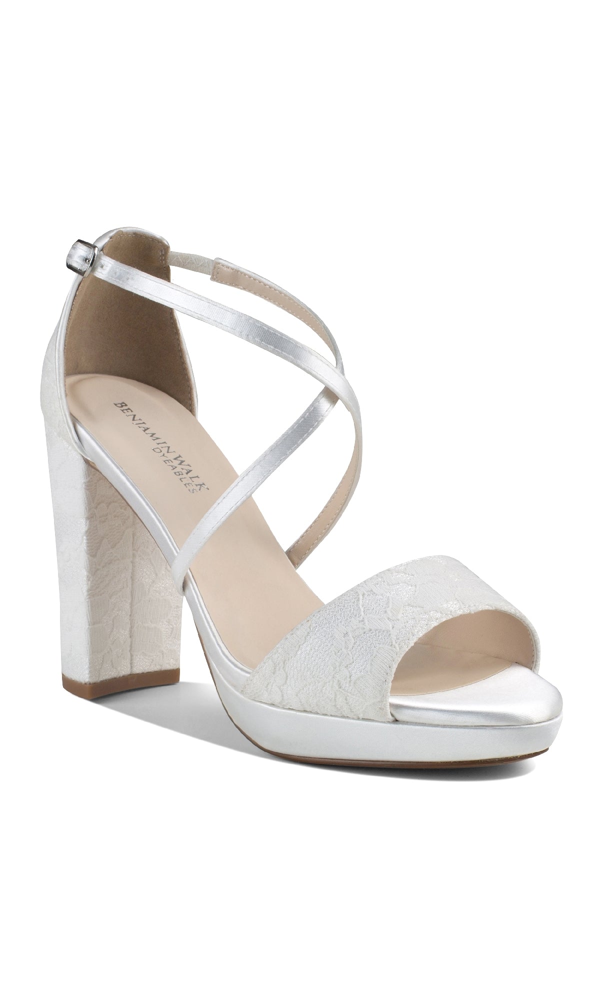 The Violet White Lace Prom Shoes: Dyeables 4611 are elegant white high-heeled sandals with crisscross ankle straps, open toe, block heel, and a subtle lace pattern—perfect for prom.
